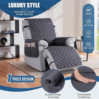 TAOCOCO 100% Waterproof Recliner Covers, Recliner Sofa Covers with Leg Straps, Reversible Recliner Couch Cover for Reclining Chair, Washable Couch Protector for Pets Kids(1 Seater 22", Charcoal Gray)