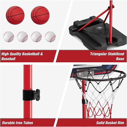 HYES 4 in 1 Kids Basketball Hoop and Tball Set for Toddlers 3-5, Adjustable Hanging Tee Ball Stand with Automatic Baseball Pitching Machine, Indoor Outdoor Sport Toys Birthday for Boys