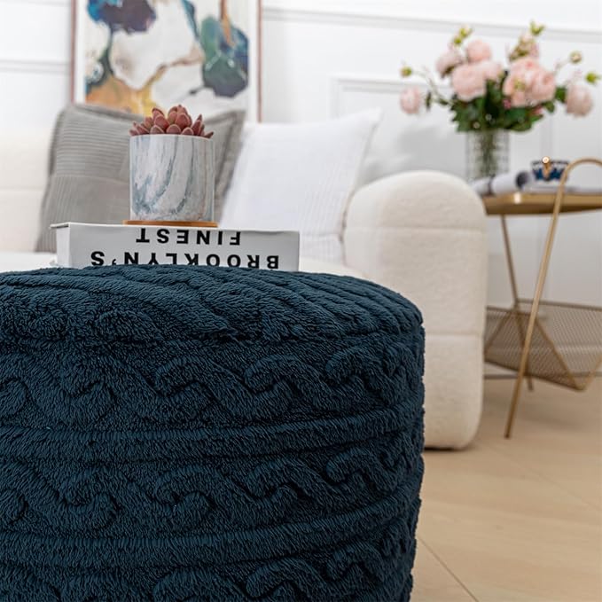 Pouf Ottoman Stuffed 20x20x12 Inches Floor Pouf Plush Fiber Ottoman Foot Rest Under Desk Foot Stool for Living Room Bedroom (Navy Blue)