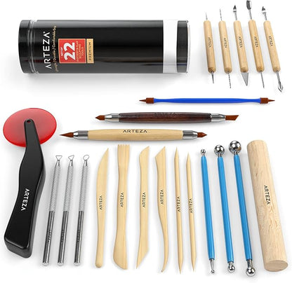 ARTEZA Pottery & Polymer Clay Tools, 22-Piece Sculpting Set, Steel Tip Tools with Wooden Handles, Craft Kit for Modeling, Carving