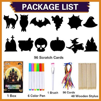 Max Fun Halloween Craft Scratch Paper Art for Kids Party Games Ornaments 96PCS Magic Rainbow Scratch Off Cards Paper Hanging Educational Toys Kit Halloween Party Supplies Birthday Gift