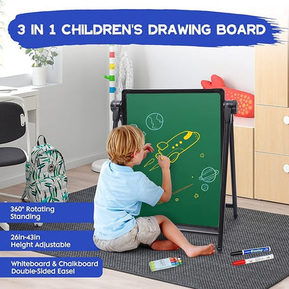 Art Easel Double Sided Whiteboard & Chalkboard 26inch-43inch Height Adjustable & 360°Rotating Easel Stand with Accessories