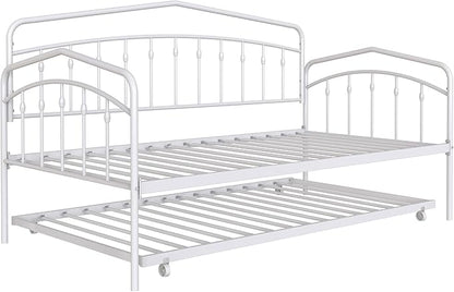 Christopher Knight Home Fox Twin Daybed with Trundle, Metal Sofa Bed Set, Rollaway Daybed Couch Bed Frame for Bedroom Living Room Guest Room, Elegant and Simple Style, Anti-Noise, Easy Assembly, White