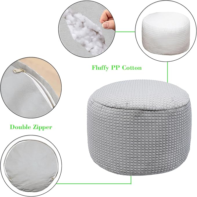 Pouf Ottoman Stuffed 20x20x12 Inches Floor Pouf Plush Fiber Ottoman Foot Rest Under Desk Foot Stool for Living Room Bedroom (Gray Pouf with Filler)