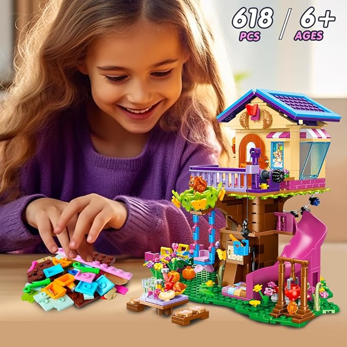 Treehouse Building Sets with LED Light - Tree House Building Block Toy, Friendship Up House Building Set with Slide & Stickers, Xmas Gift for Kids Girls Boys Age 6 7 8 9 10 11+（618PCS