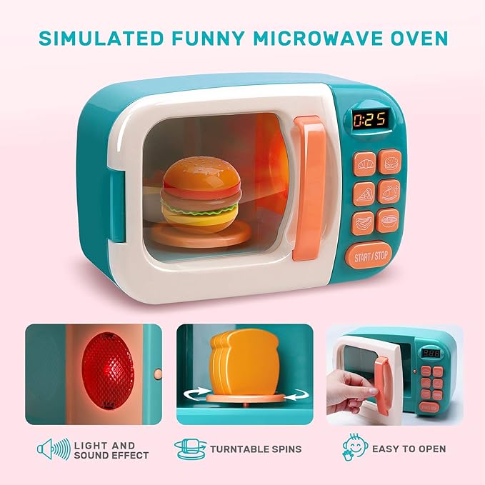 CUTE STONE Microwave Toys Kitchen Play Set, Kids Pretend Play Electronic Oven with Play Food, Kids Cookware Pot and Pan Toy Set, Cooking Utensils,Great Learning Kitchen Toys for Girls Boys