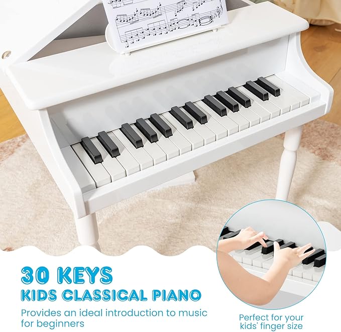GLACER Classical Kids Piano, 30 Keys Wood Toy Grand Piano w/Bench Music Stand Full-Size Keys, Charming Tones & Sounds, Musical Instrument Educational Toy for Girls and Boys (3 Straight Leg-White)
