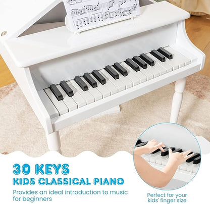 GLACER Classical Kids Piano, 30 Keys Wood Toy Grand Piano w/Bench Music Stand Full-Size Keys, Charming Tones & Sounds, Musical Instrument Educational Toy for Girls and Boys (3 Straight Leg-White)