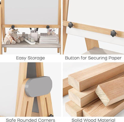 BanaSuper Kids Art Easel - Double-Sided Foldable Wooden Art Easel with Magnetic Chalkboard and Whiteboard, Portable Art Station with Paper Roll Holder for Creative Play