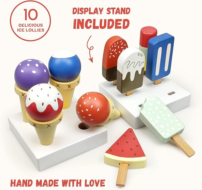 12 Pieces Ice Cream Toy Set with Wooden Popsicle Ice Cream Bar Pretend Play Food Accessories for Kids Encourage Role Play and Develops Social Skills for Children 3+