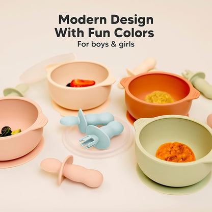 KeaBabies 4-Pack Silicone Baby Spoons and Forks Set - Baby Spoon Self Feeding, BLW Baby Utensils 6-12 Months, Baby Led Weaning Feeding Spoon, Teething Infant Baby Food Training Pre Spoon (Pastel Sky)