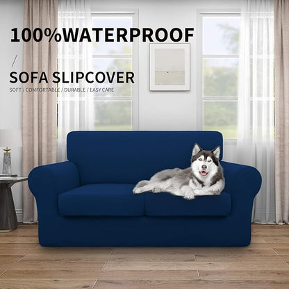 Easy-Going 100% Dual Waterproof Loveseat Cover Stretch Soft Couch Cover for Dogs, Sofa Slipcover for 2 Separate Cushion Couch Leakproof Furniture Protector for Kids, Pets Navy