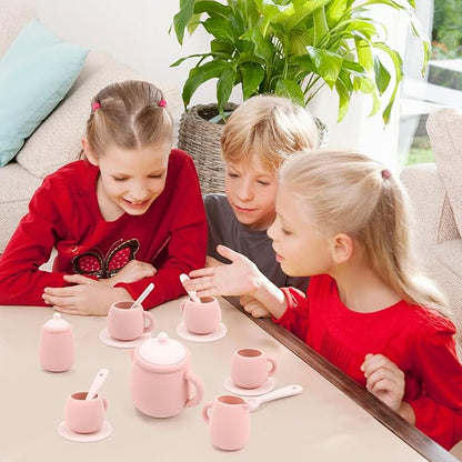 MCGMITT Silicone Tea Set, Tea Party Set for Little Girls Boys, 15 Pcs BPA Free Dishwasher Safe Pretend Tea Set for Toddlers Kids Age 3-6, Cute Toy Kitchen Accessories for Children Birthday Gifts