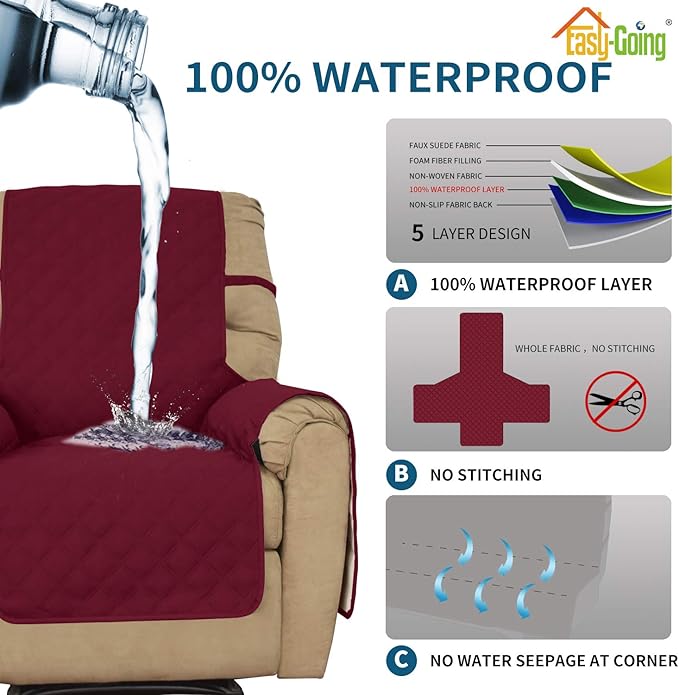Easy-Going Sofa Slipcover Waterproof Oversized Recliner Chair Cover Non-Slip Fabric Couch Cover for Living Room Washable Furniture Protector for Pets Kids Children Dog Cat (Oversized Recliner, Wine)