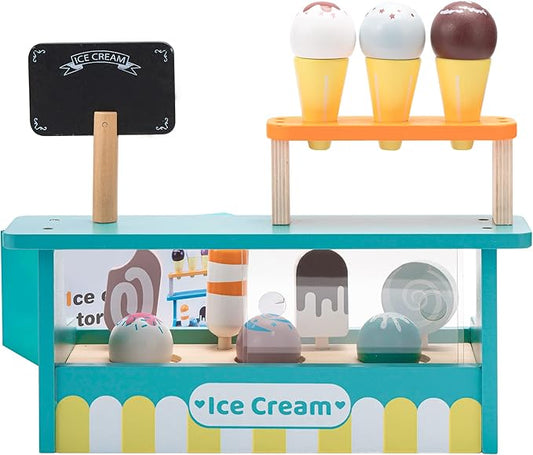 Ice Cream Shop Pretend Toy, Wooden Ice Cream Cones and Popsicle Counter Play Set for Kids Play Kitchen, Ice Cream Cart Toys for Toddlers, Fun Creative Ice Cream Pretend Play