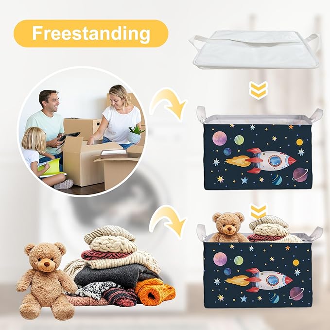 Rocket Storage Basket with Handles, Rockets Foldable Space Organizer, Waterproof Toy Box for Boys Girls, Multi Storage Container for Nursery Room, Rocket Storage for Clothes, Gifts and Home Decor