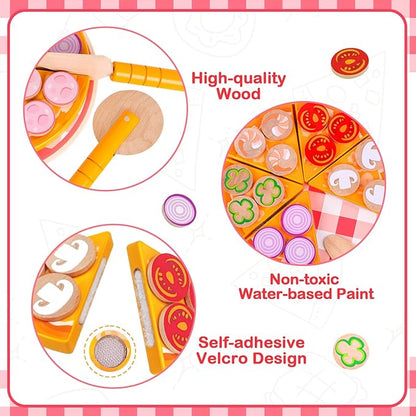 Wooden Pizza Toy for Kids, Toddler Play Food Pizza Cutting Set, Pretend Play Food with Toppings Cutter and Spatula Kitchen Accessories Montessori Toys Gifts for Boys Girls Ages 3 4 5 6 Years Old