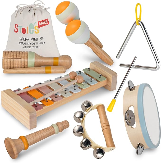 Stoie's Wooden Musical Instruments for Toddlers, Montessori Music Toys for Kids, with Xylophone, Tambourine and Maracas, Educational Development and Creativity, Baby Musical Instruments