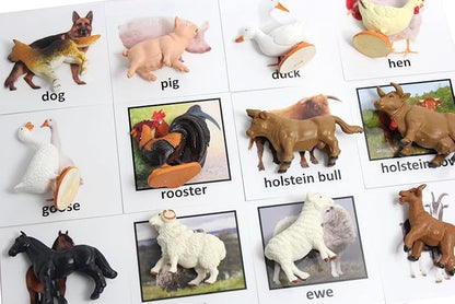Montessori Animal Match - Miniature Farm Animal Toy Figurines with Matching Cards - 2 Part Cards. Montessori Learning Toy, Language Materials Busy Bag Activity