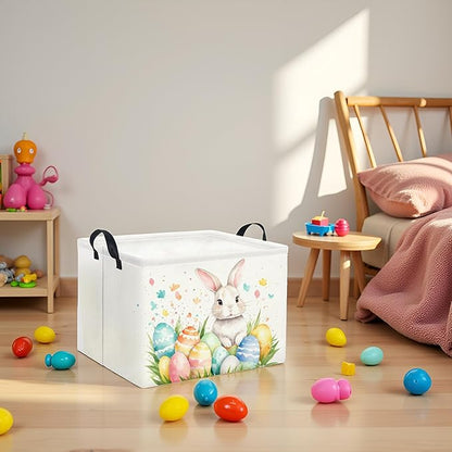 HIYAGON Rectangular Easter Basket for Kids and Girls Cute Toy Storage Organizer Bin Box Easter Egg Room Decor(Watercolor Easter)