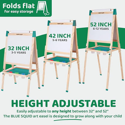 Blue Squid Art Easel for Kids - Dual-Sided Adjustable Wooden Painting Easels, Ideal Christmas Gift for Toddlers and Kid - with Magnetic Chalk Board, White Board & Paper Roll, Includes Accessories