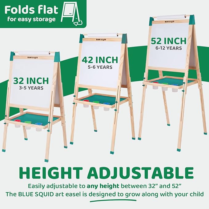 Blue Squid Art Easel for Kids - Dual-Sided Adjustable Wooden Painting Easels, Ideal Christmas Gift for Toddlers and Kid - with Magnetic Chalk Board, White Board & Paper Roll, Includes Accessories