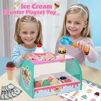 Ice Cream Counter Playset for Kids, Ice Cream Shop Toys, Pretend Play Toys, Play Food Scoop and Serve, Toddler Girls and Boys Ages 3+