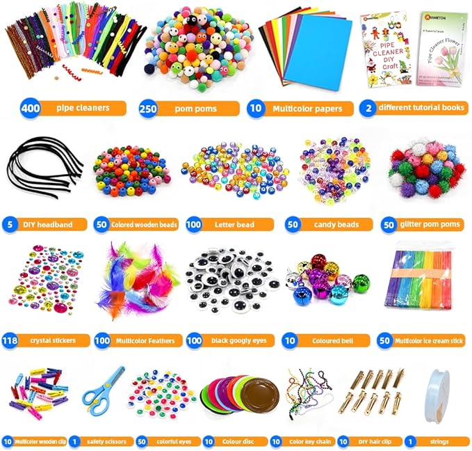 Kids DIY Arts & Crafts Rich Materials 1300+ Pcs Including Feathers, Pipe Cleaner,Wiggle Eyes, Pompoms, Colours Paper,Bells, Sticks,Beads for Chenille Stems and More Crafting Items Supplies