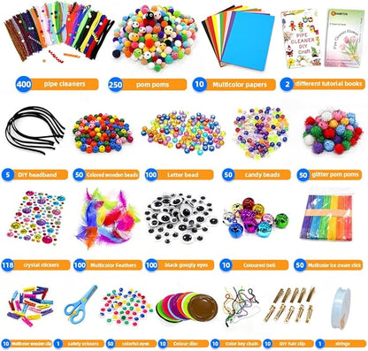 Kids DIY Arts & Crafts Rich Materials 1300+ Pcs Including Feathers, Pipe Cleaner,Wiggle Eyes, Pompoms, Colours Paper,Bells, Sticks,Beads for Chenille Stems and More Crafting Items Supplies
