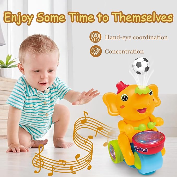 Baby Elephant Musical Crawling Toy with Lights, Sounds, Blowing Ball, Infant Sensory Toys, Birthday Gifts for Kids Boy Girl 3 4 5 6 7 8 Years (Yellow)