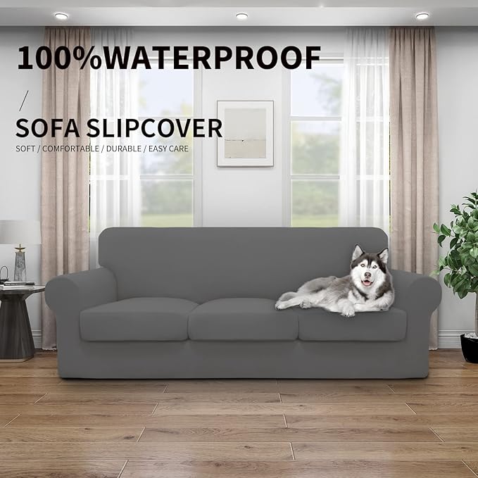 Easy-Going 100% Dual Waterproof Stretch Soft Couch Cover for Dogs, Sofa Slipcover for 3 Separate Cushion Couch Leakproof Furniture Protector for Kids, Pets Gray