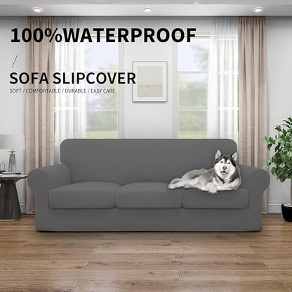 Easy-Going 100% Dual Waterproof Stretch Soft Couch Cover for Dogs, Sofa Slipcover for 3 Separate Cushion Couch Leakproof Furniture Protector for Kids, Pets Gray