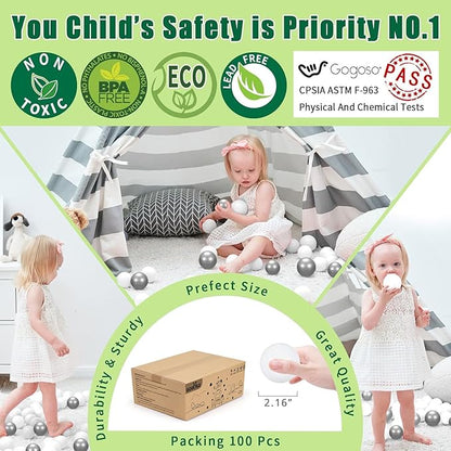 GOGOSO Ball Pit Balls - Plastic Play Pitballs Christmas Pelota Decoration, Grey, Light Grey, White for Baby Gifts Use for Kids Playpen Pool, 2.2 Inch, 100 pcs