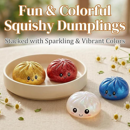 Glitter Dumpling Squishy Box, Dumpling Squishies, Sensory Squeeze Toy for Stress Relief, Soft Decompression Dough for Adults Office and Home Use (Red Emoji bun)
