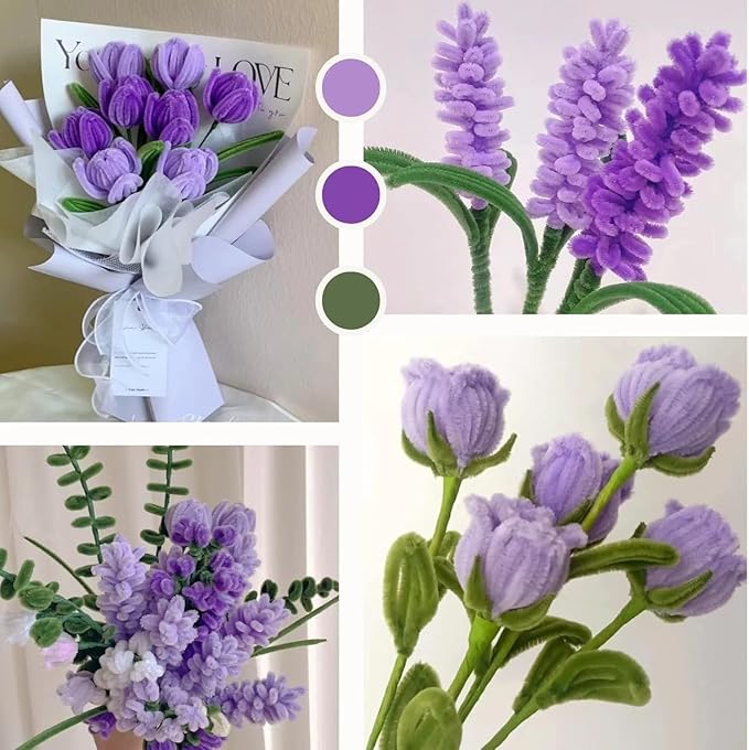 300 Pcs Thick Pipe Cleaners Craft Supplies 3 Assortment Pastel Macaron Purple Green Color Chenille Stems for Art and Craft Projects Creative DIY Christmas Decorations (Purple&Yellow&Green-300pcs)