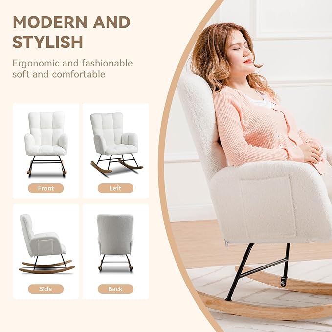 COMHOMA Nursery Rocking Chair, Teddy Upholstered Glider Rocking Chair with Side Pockets, Accent Chair with High Backrest Reading Chair for Adult, Nursery, Bedroom, Living Room,Offices (White)