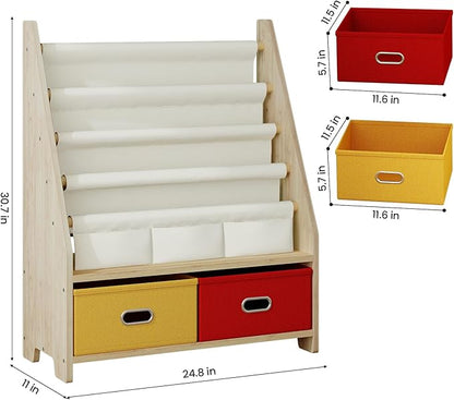 EXPERLAM 4 Tier Kids Book Shelf, Wooden Kids Book Rack Storage Bookshelf with Toy Storage Organizer, Toddler Sling Bookshelf for Boys, Girls, Play Room, Nursery, Red/Yellow