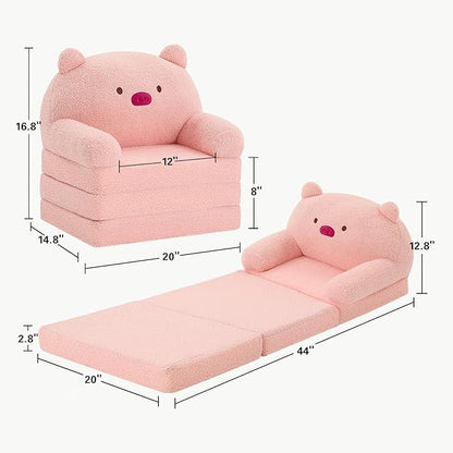 MOONBEEKI Comfy Toddler Chair, Kids Couch Fold Out to Lounger, Foldable Baby Sofa Plush for Girl and Boy Age 18 Months and Up （Pig）