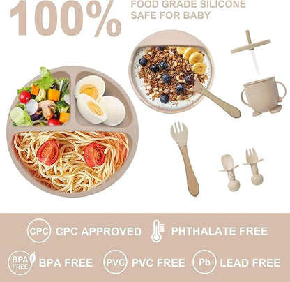 Baby Feeding Tableware Set Silicone Tray and Bowl with Suction Cup Baby Weaning Supplies Adjustable Waterproof Bib Learning Cup and 2 Spoons 2 Forks 8-Piece Set（Apricot）