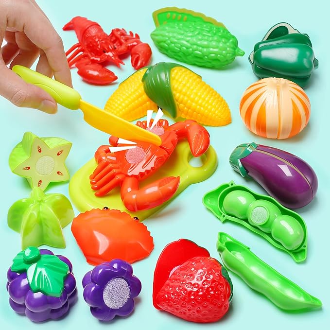 HOLYFUN 100 PCS Cutting Play Food Toy for Kids Kitchen, Pretend Fruit & Vegetables Accessories with Shopping Basket, Plastic Mini Dishes, Play Money, Perfect Educational Toy for Toddlers Boys & Girls