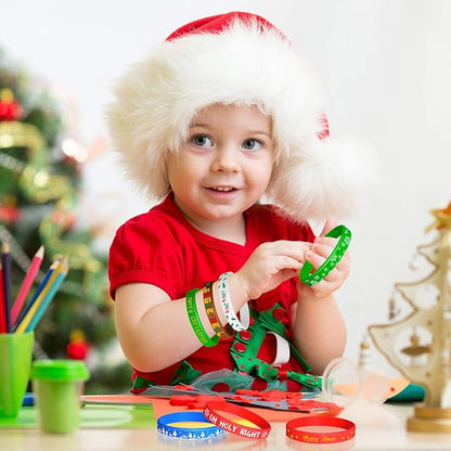 FEPITO 70 Pieces Christmas Silicone Wristbands Rubber Band Bracelets for Christmas Party Decoration Supplies 7 Merry Xmas Style