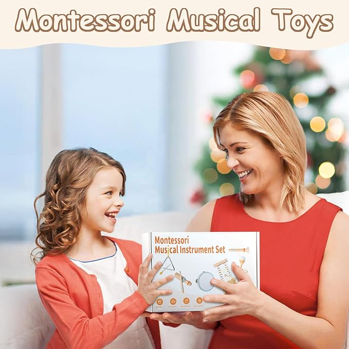 Baby Musical Instruments, Montessori Musical Toys for Toddler Neutral Colors Wooden Toys Percussion Instruments Set with Modern Boho Xylophone Birthday Easter Gifts for Kids Preschool Educational