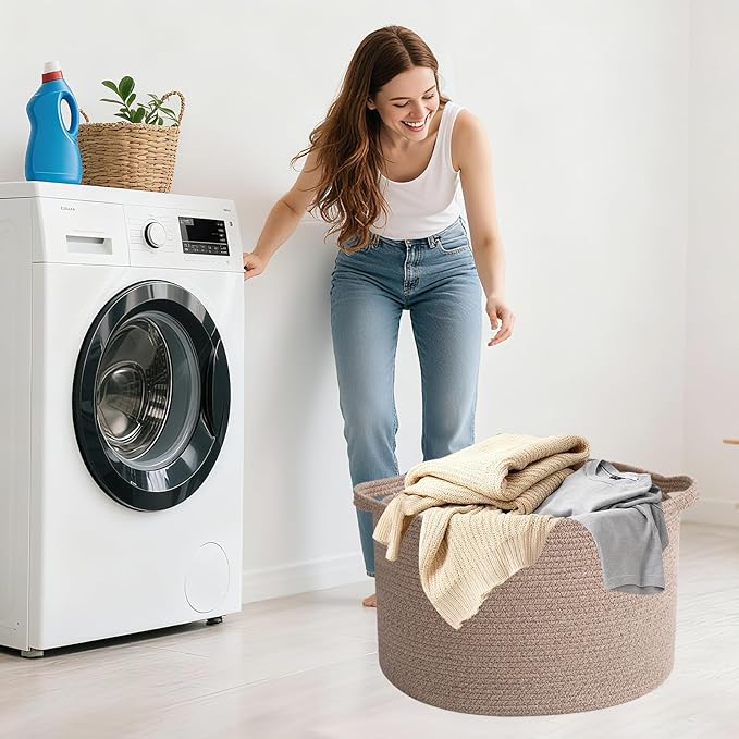 65L Extra Large Woven Cotton Rope Blanket Basket with Handles, Laundry Hamper Storage Bin for Pillows, Comforters,Clothes, Toys, Nursery, Bedroom and Living Room Organization,Brown