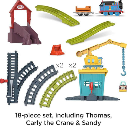 Thomas & Friends Motorized Toy Train Set Fix 'em Up Friends with Carly the Crane, Sandy the Rail Speeder & Thomas for Preschool Kids Ages 3+ Years