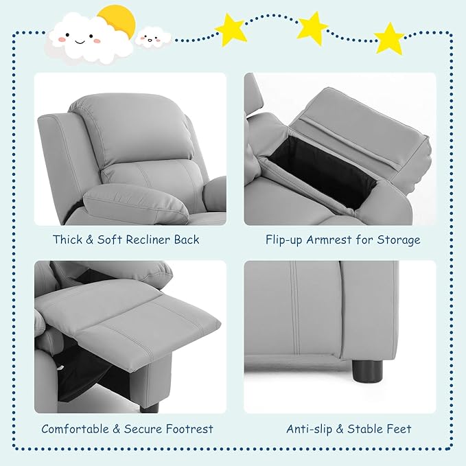 Kids Recliner, Leather Lounge Chair w/Footrest, Armrest, Headrest & Lumbar Support, Ergonomic Toddler Sofa Armchair for Boys Girls (Gray)
