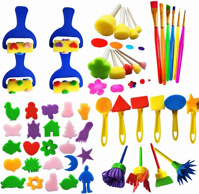 53 Pcs Paint Sponge Brush Sets, Kids Art Tool Kits, DIY Crafts Drawing Tools,Round Sponges,Color Randomly
