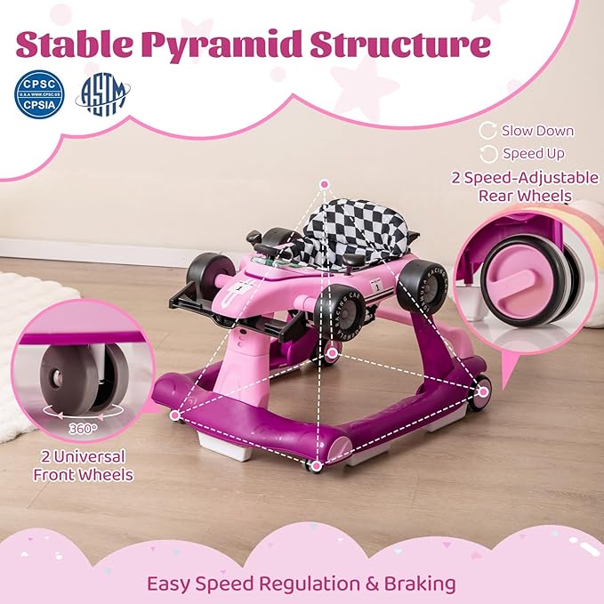 GLACER Foldable Baby Walker, 4-in-1 Infant Walker with Adjustable Height & Speed, Music, Light, Steering Wheel & Washable Cushion, Baby Walker Activity Center for Boys Girls 6 –18 Months (Purple)