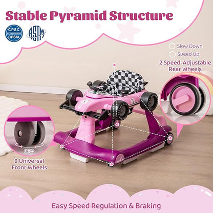 GLACER Foldable Baby Walker, 4-in-1 Infant Walker with Adjustable Height & Speed, Music, Light, Steering Wheel & Washable Cushion, Baby Walker Activity Center for Boys Girls 6 –18 Months (Purple)