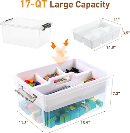 Citylife 17 QT Plastic Storage Bins Clear Storage Box with Removable Tray Stackable Latching Box with Handle for Oraganizing Tool, Craft, Office, Orange
