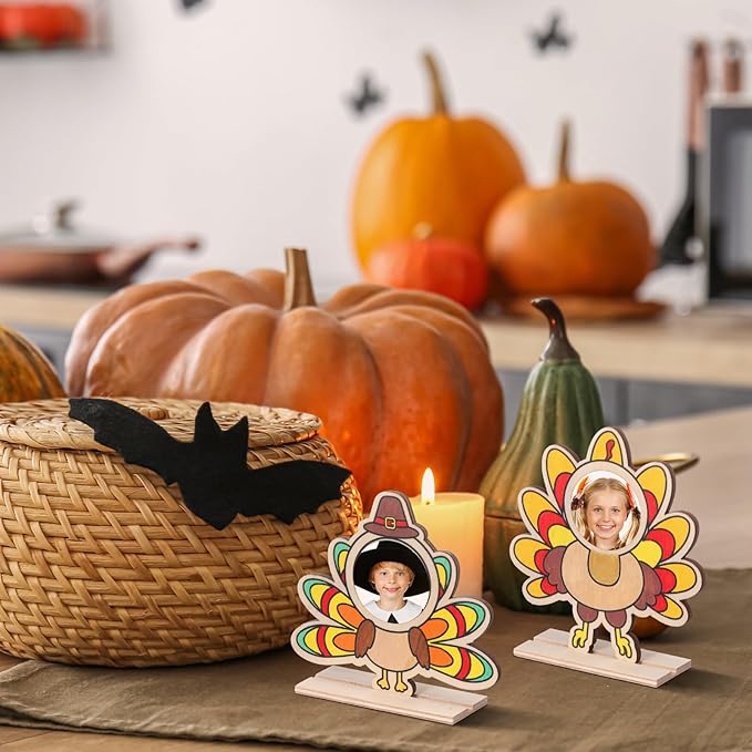 Jetec 12 Sets Thanksgiving Turkey Craft for Kids Color Your Own Thanksgiving Wooden Picture Frame Craft DIY Thanksgiving Turkey Wood Decorations Craft for Classroom Home Activities Party Favor Gifts